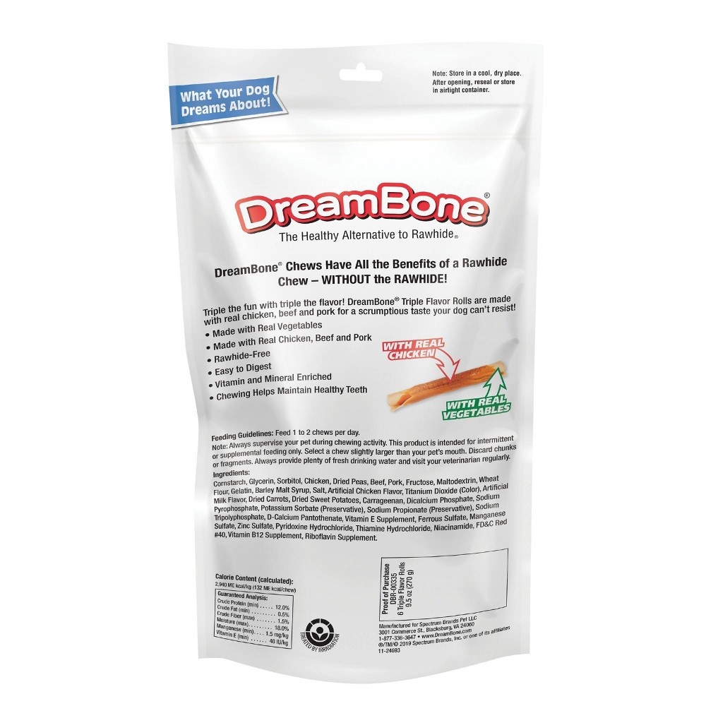 slide 2 of 5, DreamBone Triple Flavor Rolls Chews with Beef, Pork, Chicken and Vegetable Flavor Dog Treats - 6ct/9.5oz, 6 ct; 9.5 oz