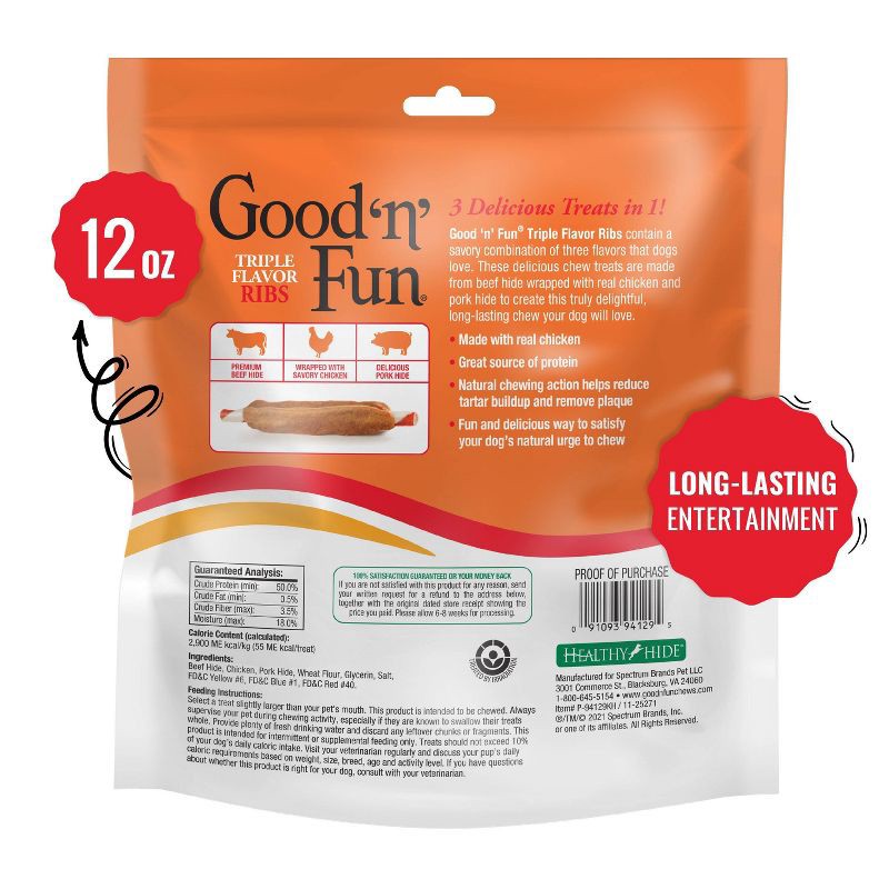 slide 4 of 14, Good 'n' Fun Ribs Rawhide with Beef, Chicken and Pork Flavor Dog Treats -12oz, 12 oz