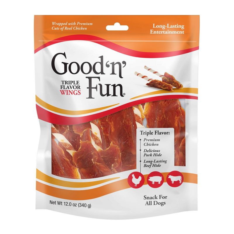 slide 1 of 6, Good 'n' Fun Triple Flavor Wings Rawhide Beef, Chicken and Pork Flavor Dog Treats - 12oz, 12 oz