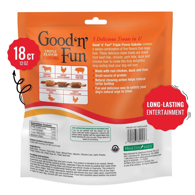 slide 17 of 17, Good 'n' Fun Triple Flavor Kabobs Long Lasting Rawhide Chicken, Pork and Beef Flavor Dog Treats - 12oz, 12 oz