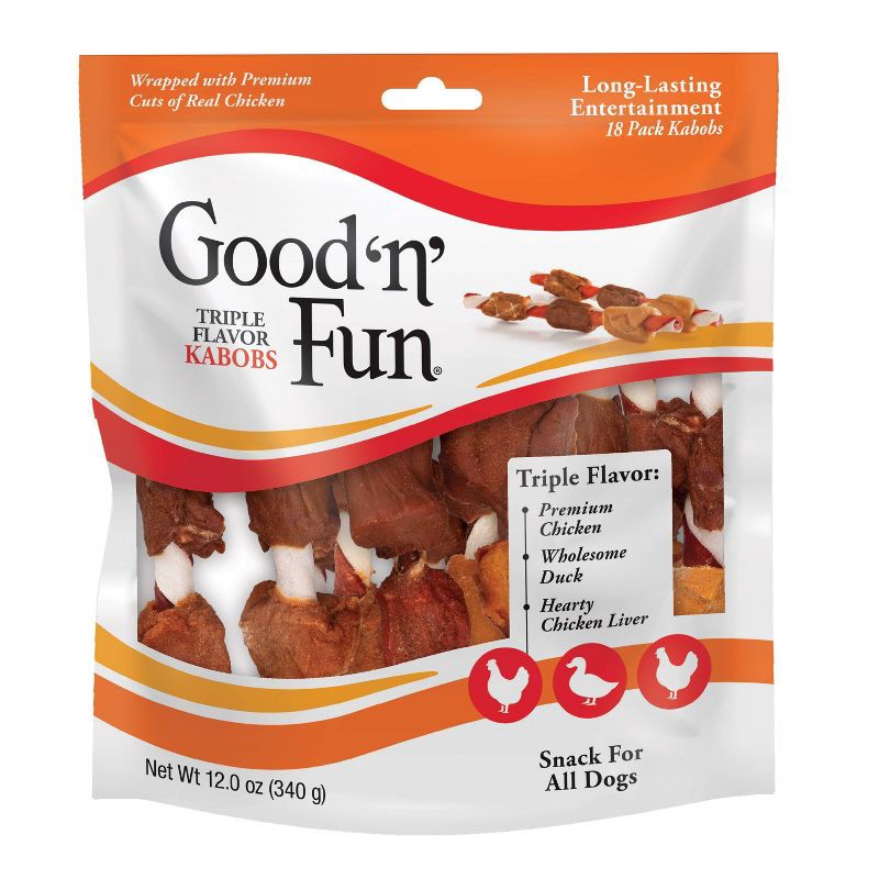 slide 1 of 17, Good 'n' Fun Triple Flavor Kabobs Long Lasting Rawhide Chicken, Pork and Beef Flavor Dog Treats - 12oz, 12 oz