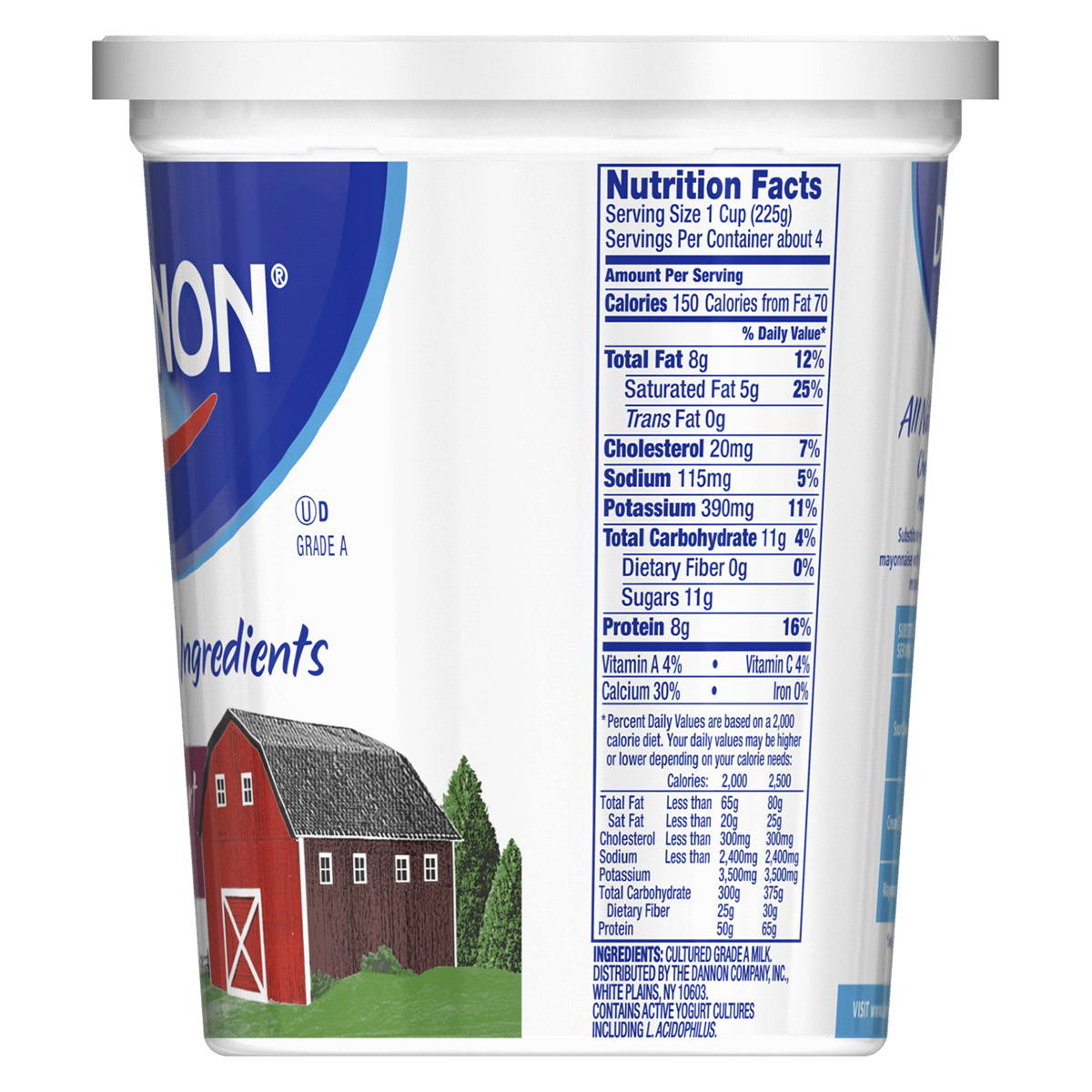 slide 4 of 5, Dannon Whole Milk Non-GMO Project Verified Plain Yogurt, 32 oz