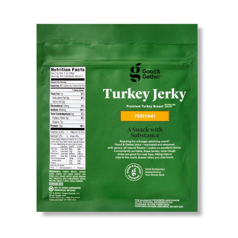 slide 2 of 4, Teriyaki Turkey Jerky - 10g Protein - 2.85oz - Good & Gather™, 10 gram, 2.85 oz