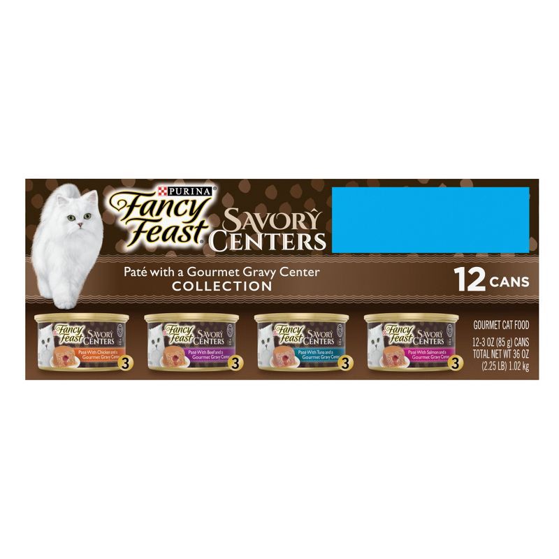 slide 2 of 11, Purina Fancy Feast Savory Centers Paté Collection Gourmet with Tuna, Chicken, Salmon, Beef, Seafood and Fish Wet Cat Food - 3oz/12ct Variety Pack, 12 ct; 3 oz