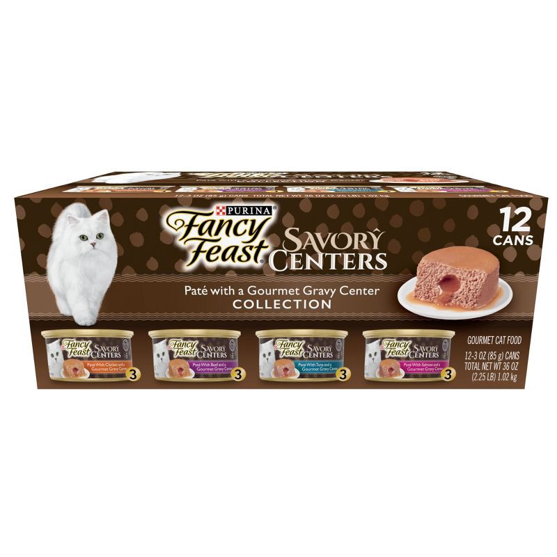 slide 1 of 11, Purina Fancy Feast Savory Centers Paté Collection Gourmet with Tuna, Chicken, Salmon, Beef, Seafood and Fish Wet Cat Food - 3oz/12ct Variety Pack, 12 ct; 3 oz