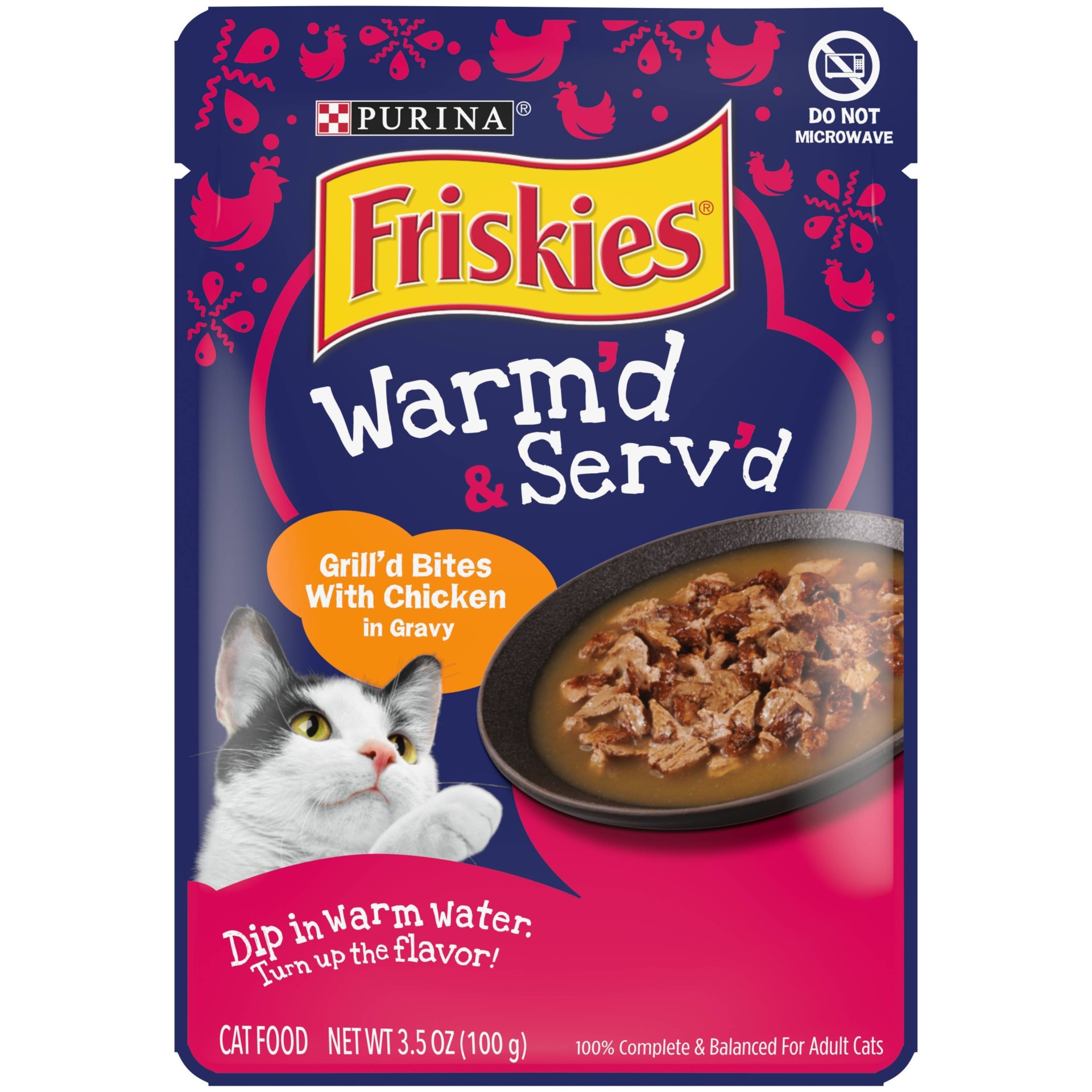 slide 1 of 5, Purina Friskies Warm'd & Serv'd Grill'd Bites In Gravy Wet Cat Food with Chicken, 3.5 oz