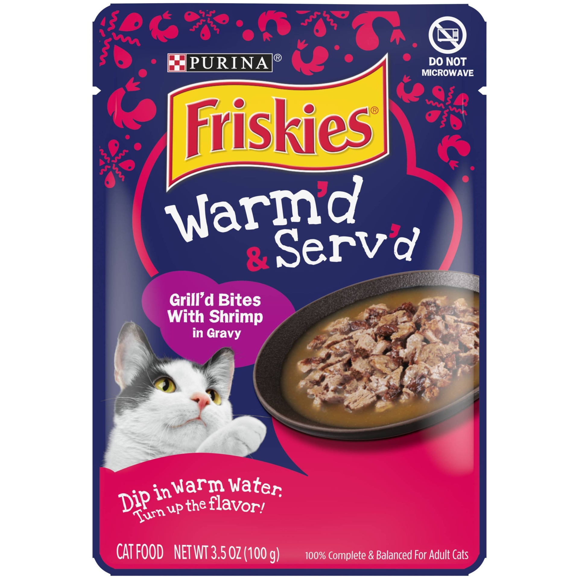 slide 1 of 5, Purina Friskies Warm'd & Serv'd Grill'd Bites In Gravy Wet Cat Food with Shrimp, 3.5 oz