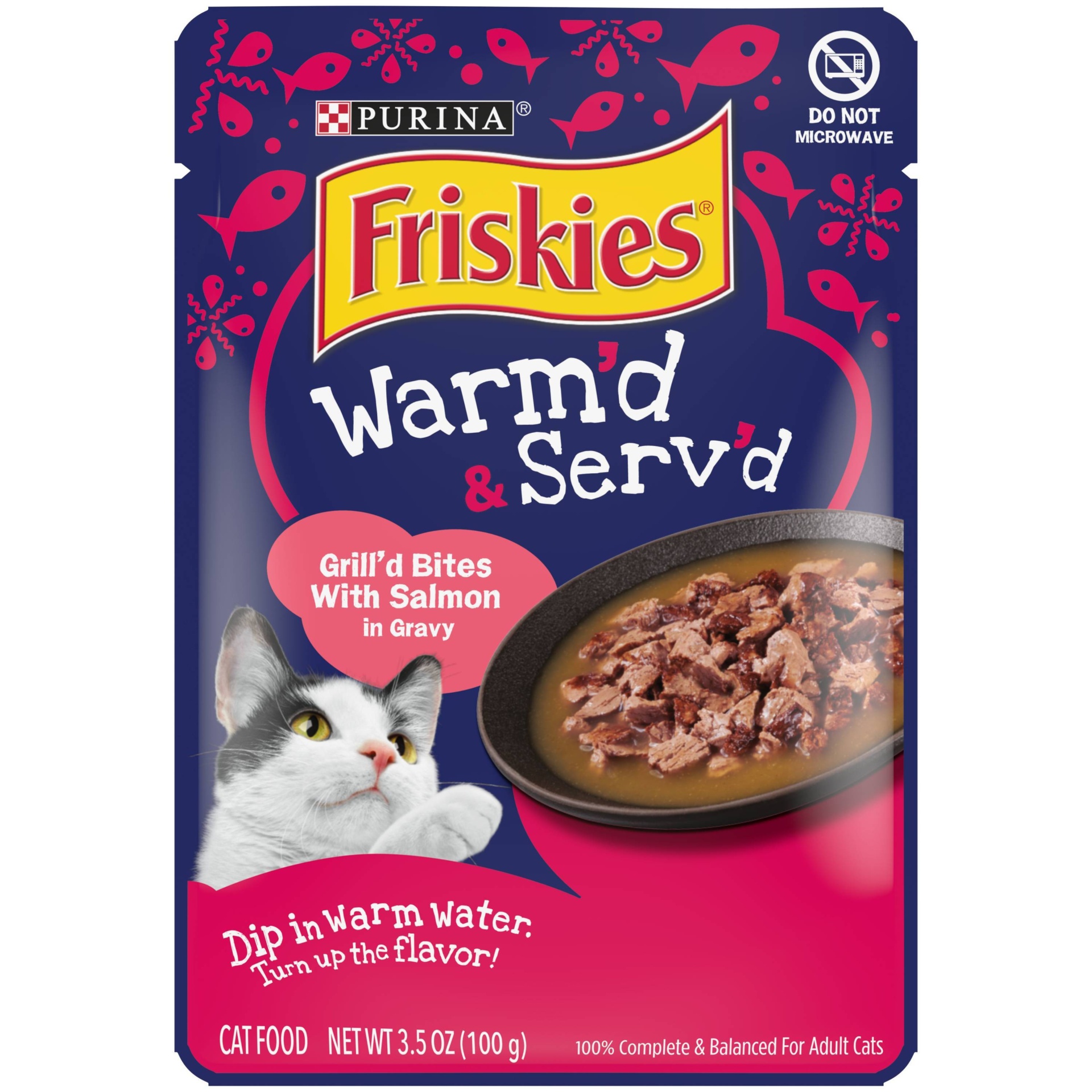 slide 1 of 5, Purina Friskies Warm'd & Serv'd Grill'd Bites In Gravy Wet Cat Food with Salmon, 3.5 oz