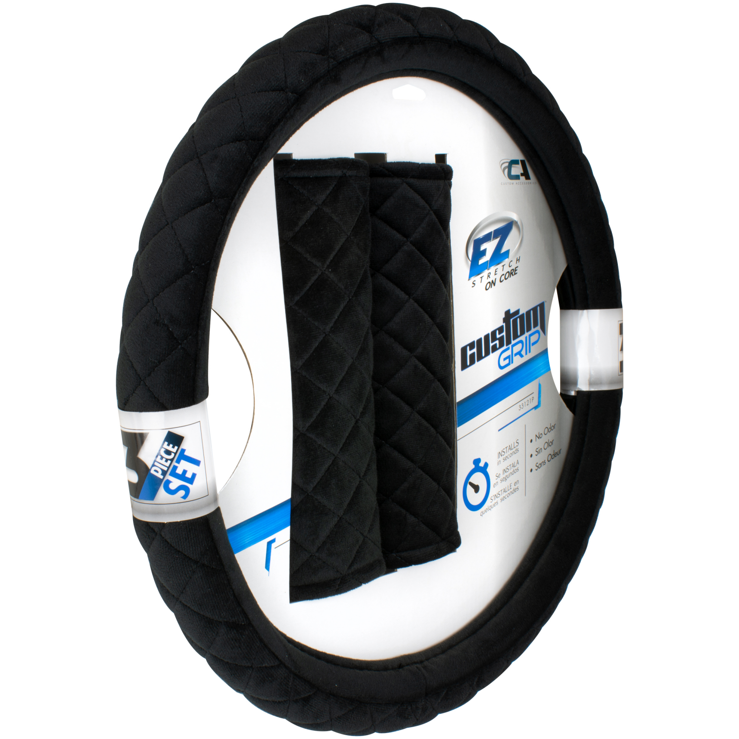 slide 1 of 1, Custom Accessories Plush Diamond Stitch Black Steering Wheel Cover Set, 3 ct