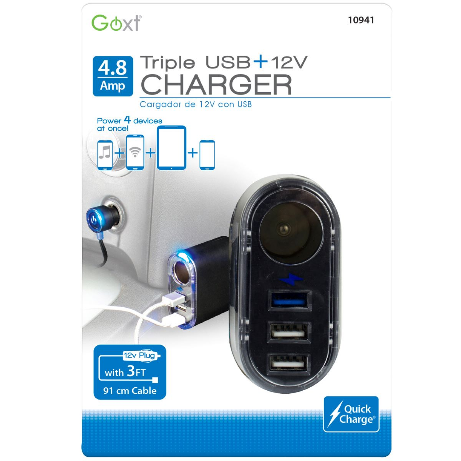 slide 1 of 2, Custom Accessories GOXT 4.8 AMP TRIPLE USB AND 12V CHARGER, 12 v