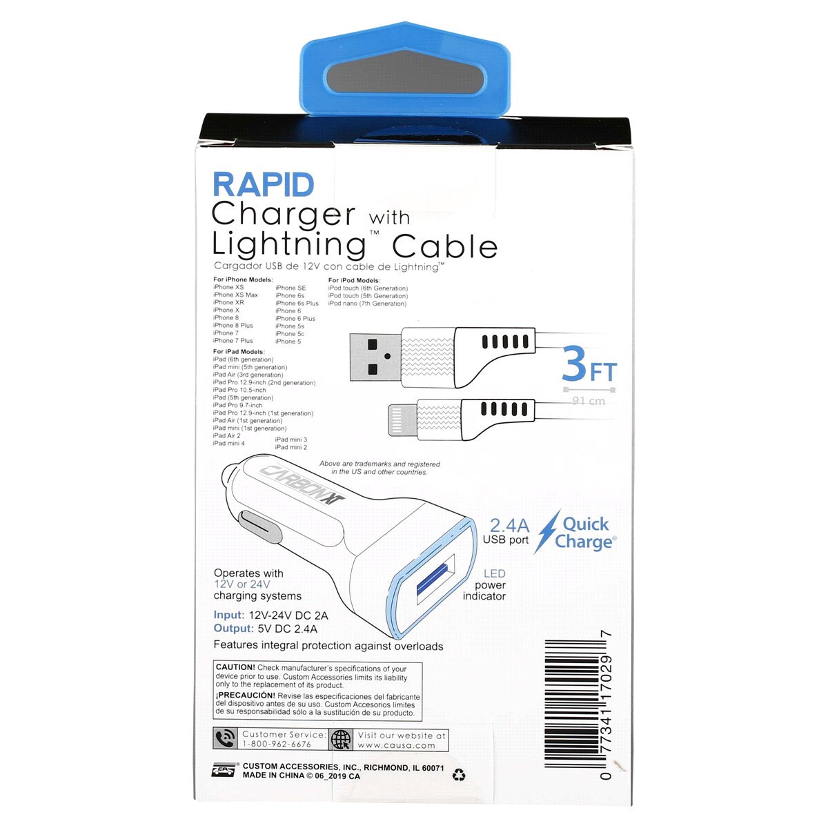 slide 2 of 2, Custom Accessories CARBON XT 2.4A Single USB Charger With 3' Lightning Cable, 3 ft