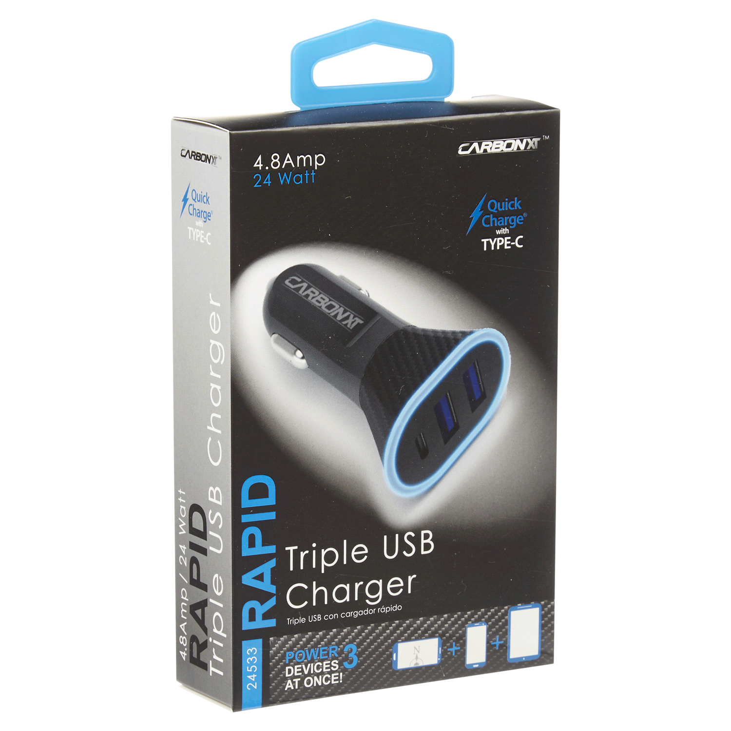 slide 4 of 5, Custom Accessories Carbon Xt Rapid 4.8Amp Triple Charger With 2 Usb, 1 ct