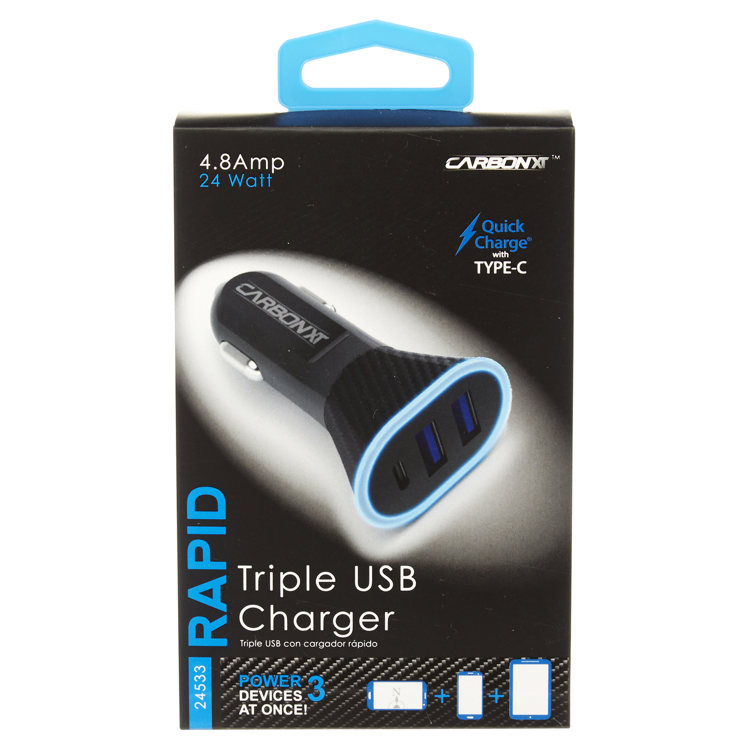 slide 1 of 5, Custom Accessories Carbon Xt Rapid 4.8Amp Triple Charger With 2 Usb, 1 ct