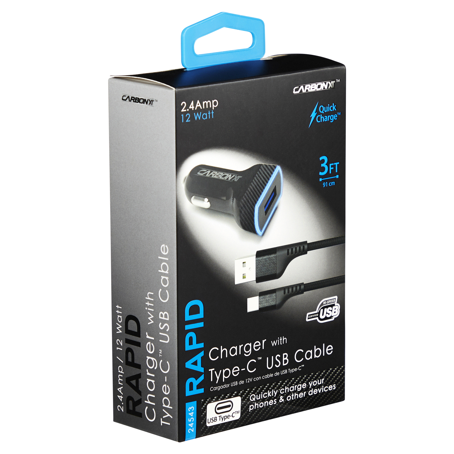 slide 4 of 5, Custom Accessories Carbon Xt 2.4Amp Single Usb Charger With Type-C Usb Cable, 2 ct