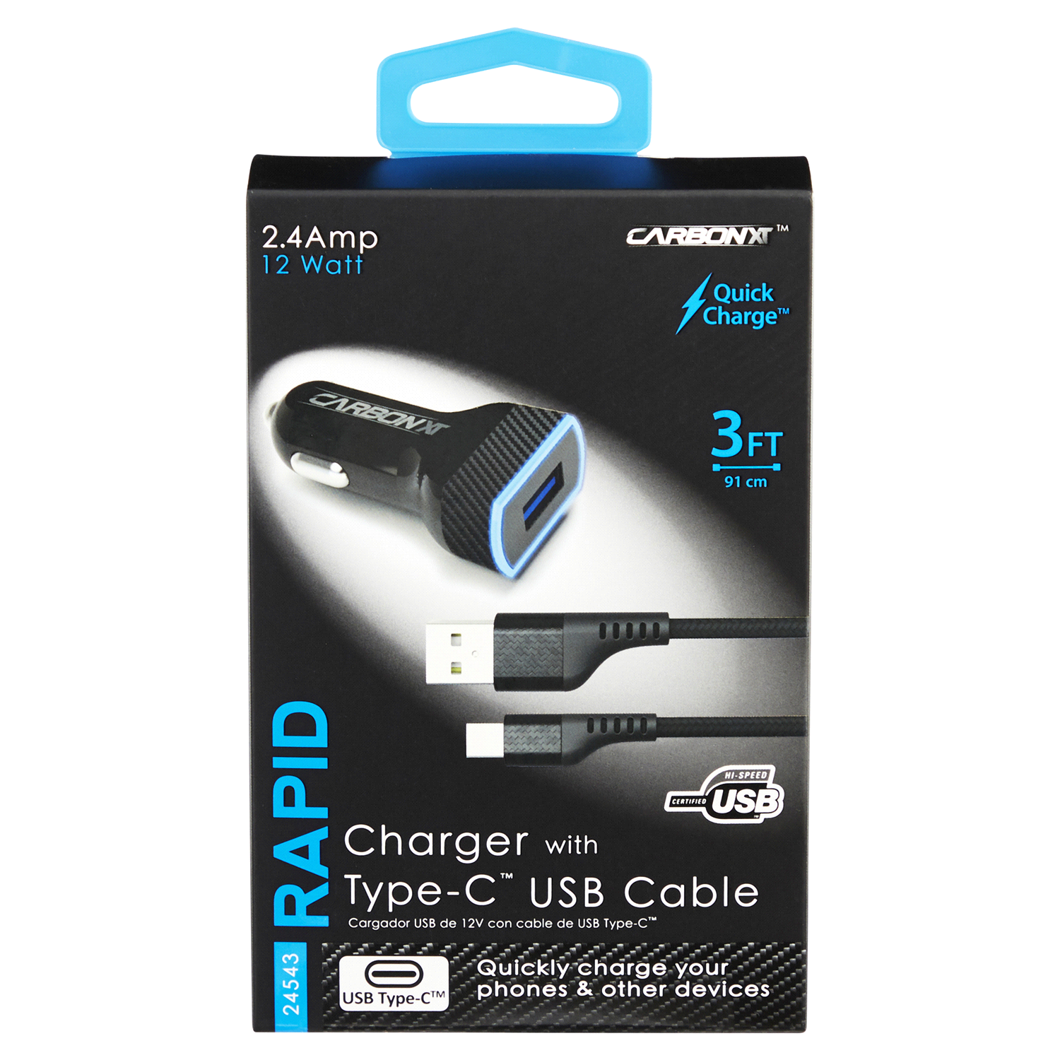 slide 1 of 5, Custom Accessories Carbon Xt 2.4Amp Single Usb Charger With Type-C Usb Cable, 2 ct