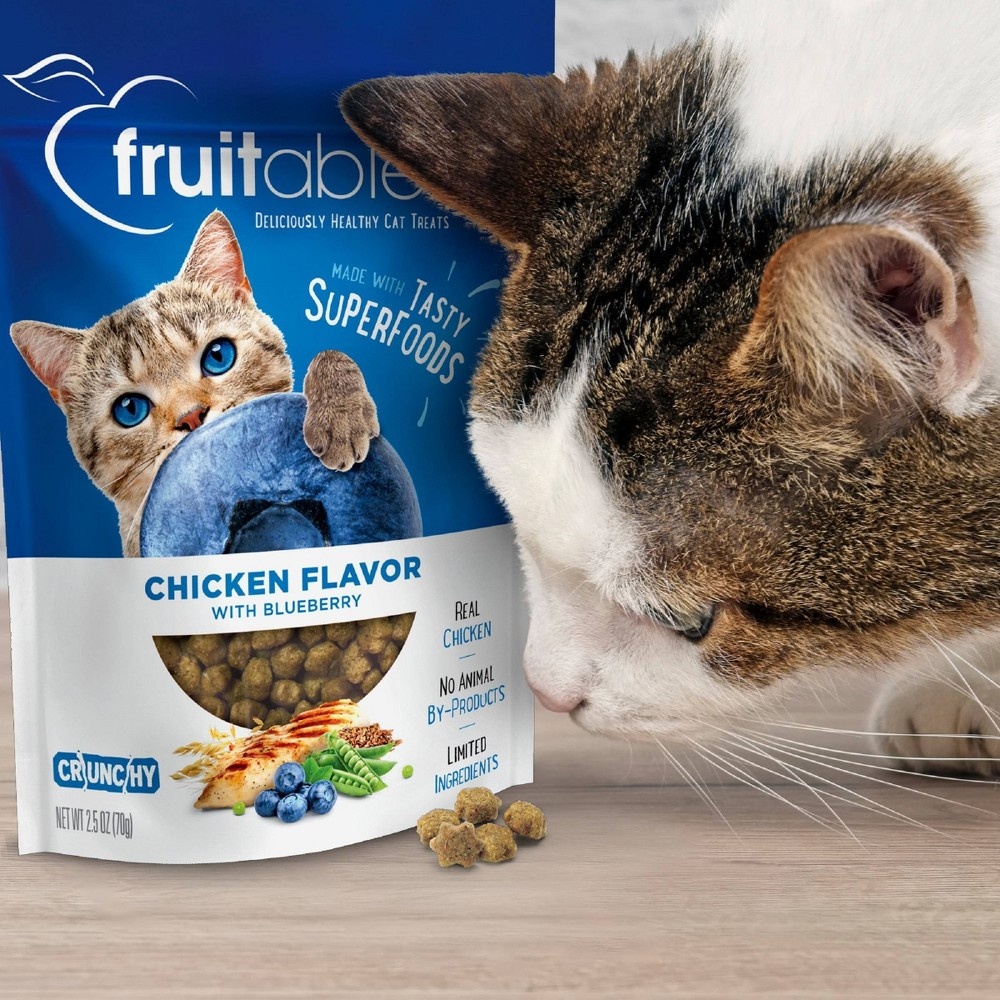 slide 3 of 4, Fruitables Healthy Low Calorie Chicken and Blueberry Crunchy Cat Treat, 2.5 oz