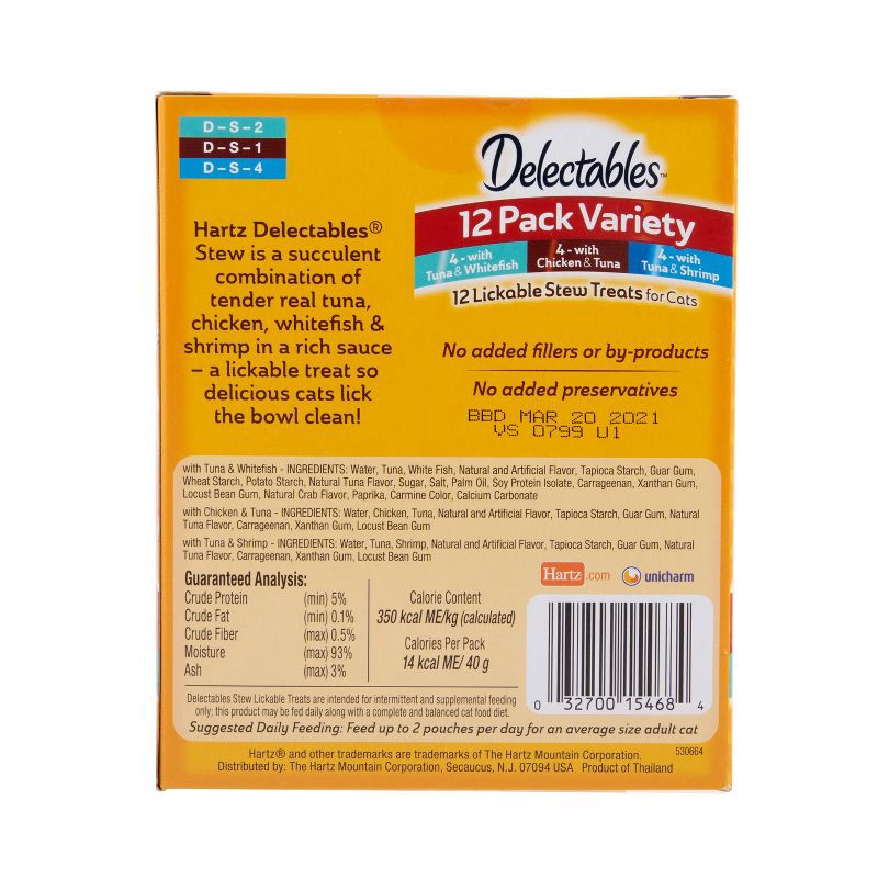 slide 2 of 4, Hartz Delectables Stew Lickable Chicken, Tuna, Shrimp and Whitefish Flavor Cat Treats - 1.4oz/12ct Variety Pack, 12 ct; 1.4 oz