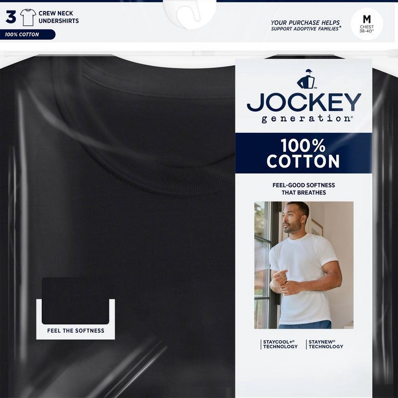 slide 4 of 4, Jockey Generation™ Men's 100% Cotton Crew Neck 3pk Undershirt - Black M: Moisture Wicking, Tagless Design, 3 ct