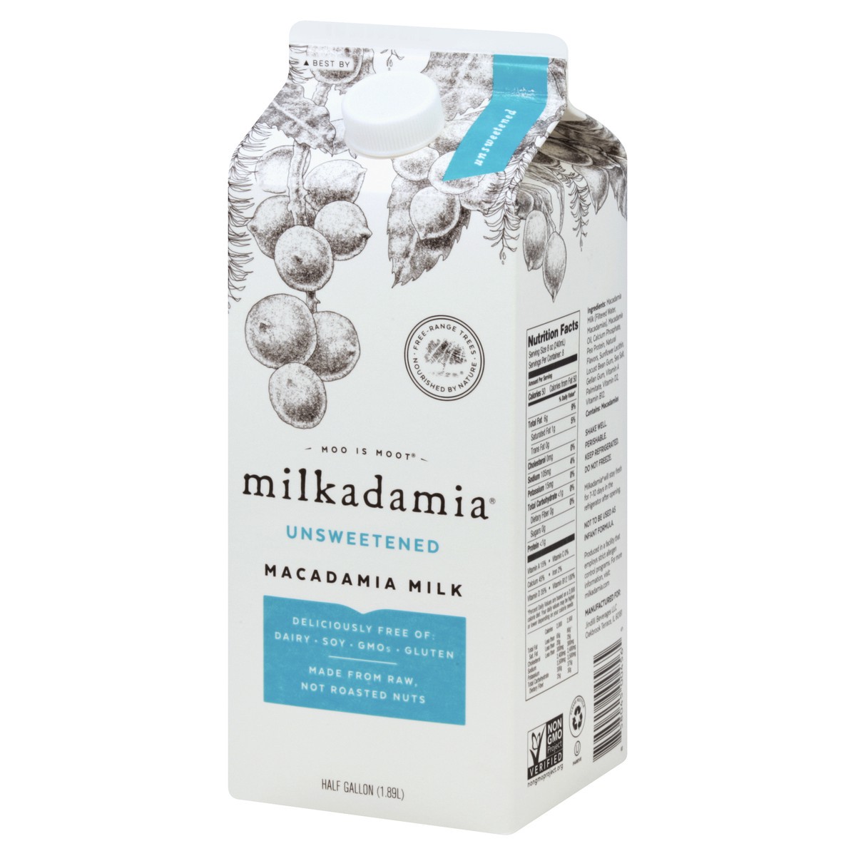 slide 3 of 9, Milkadamia Unsweetened Macademia Milk, 1/2 gal