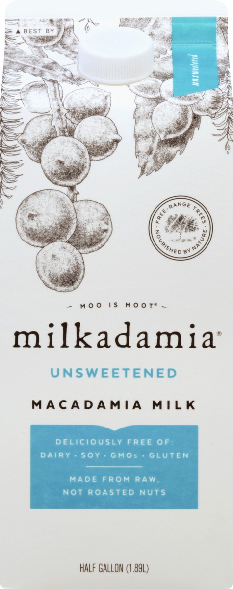 slide 6 of 9, Milkadamia Unsweetened Macademia Milk, 1/2 gal