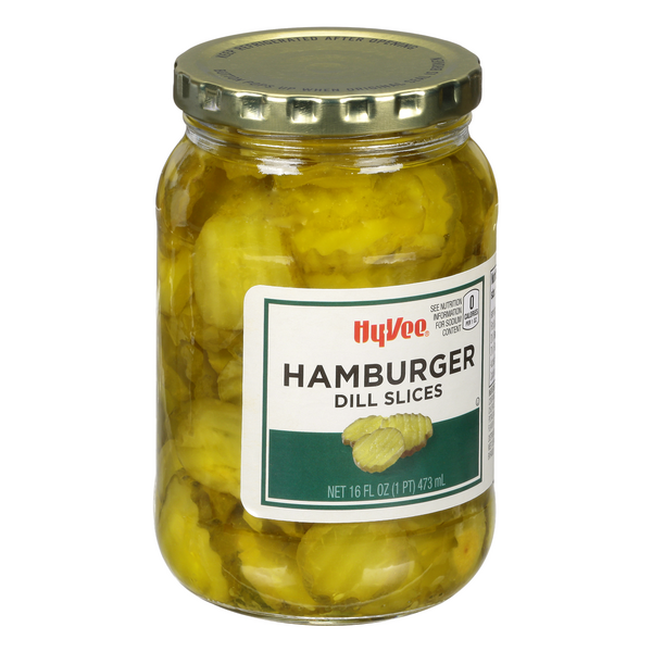 slide 1 of 1, Hy-Vee Pickles, Hamburger, Dill Slices, 16 oz