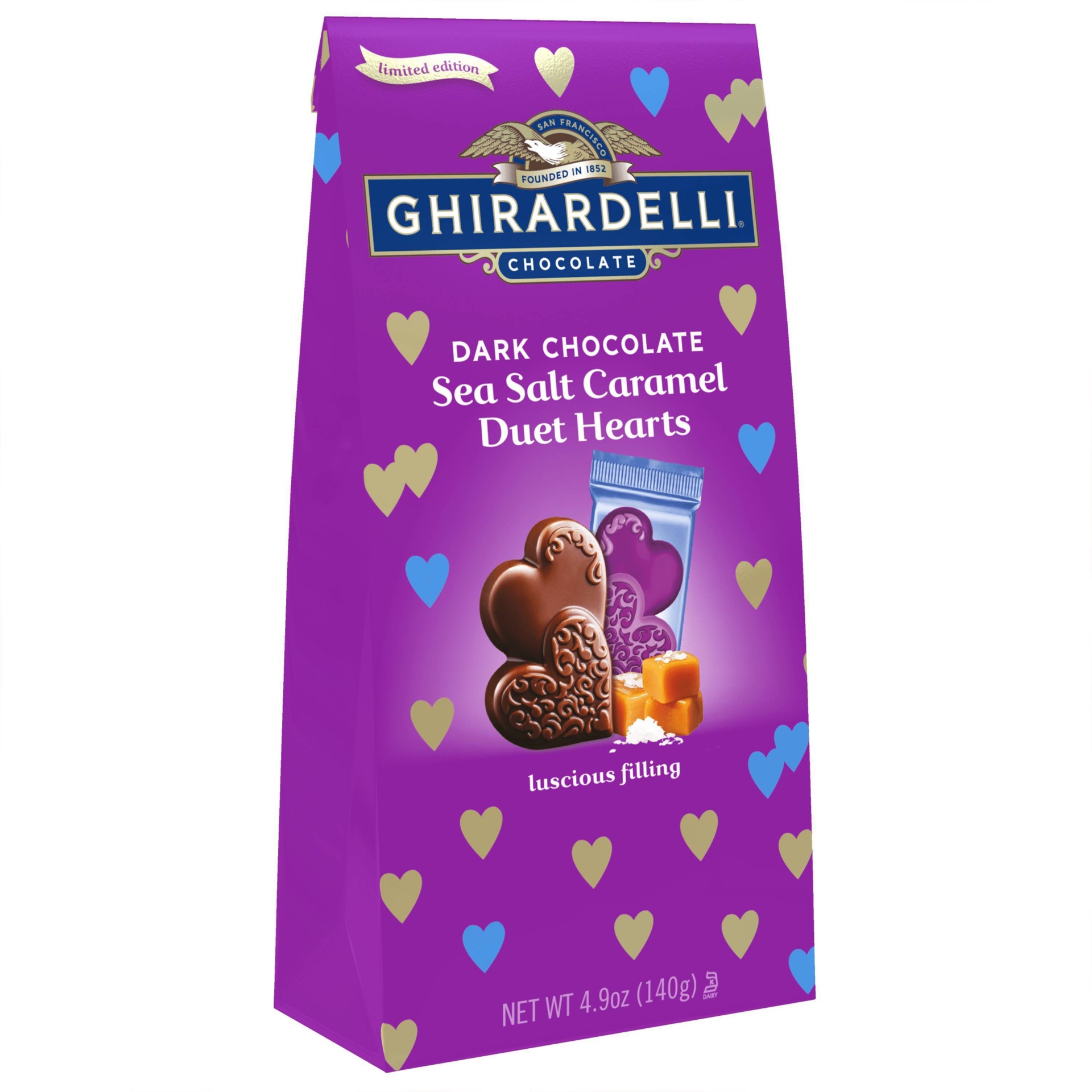 slide 1 of 4, Ghirardelli Valentine's Dark & Sea Salt Caramel Heart Tween Bag, 4.9 oz