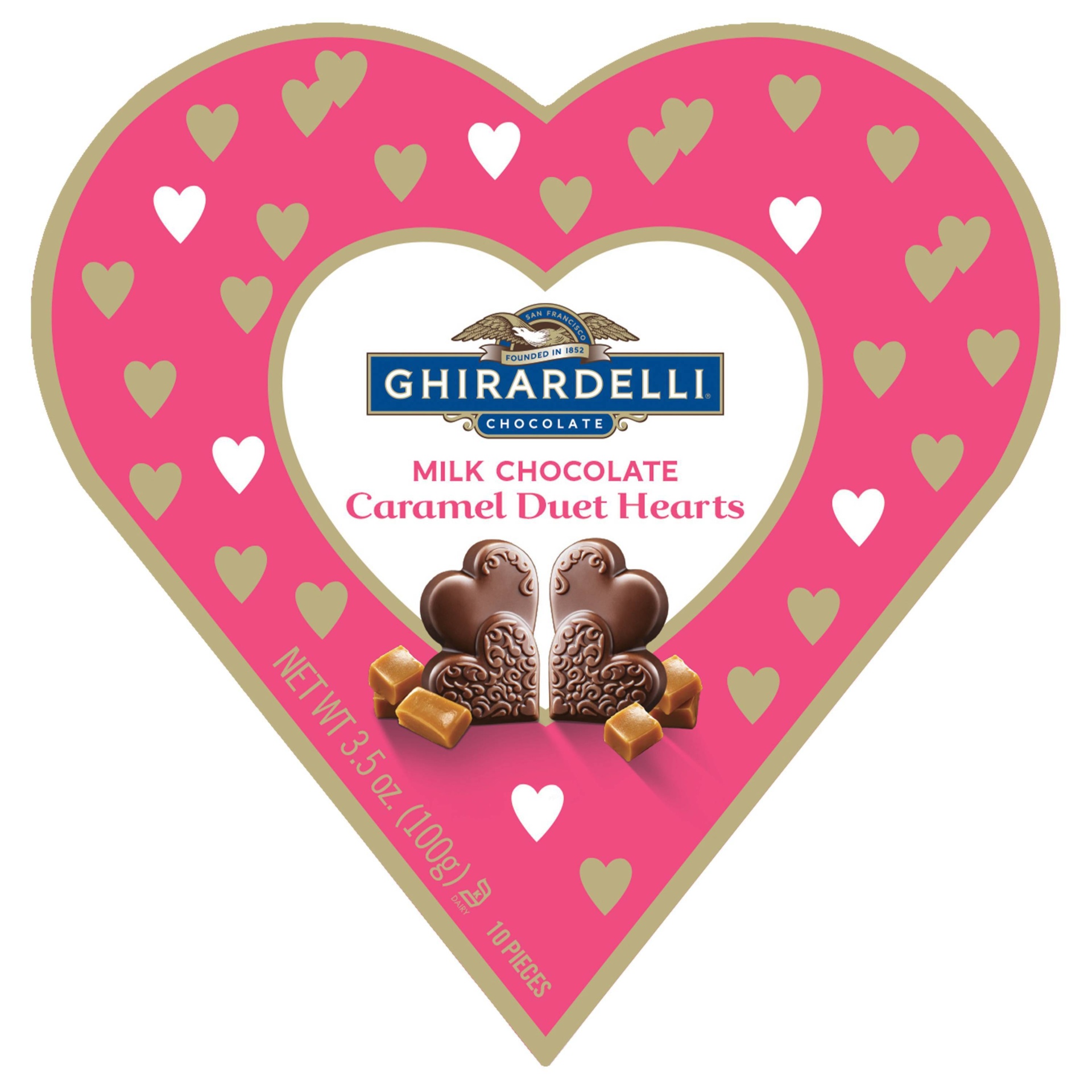 slide 1 of 3, Ghirardelli Valentine's Milk & Caramel Duet Hearts Small Hearts Gift, 3.5 oz