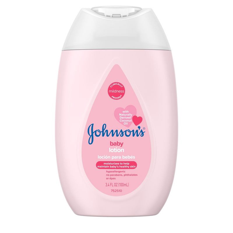 slide 1 of 7, Johnson's Moisturizing Mild Pink Baby Body Lotion, Coconut Oil for Delicate Skin, Hypoallergenic - 3.4 fl oz, 3.4 fl oz