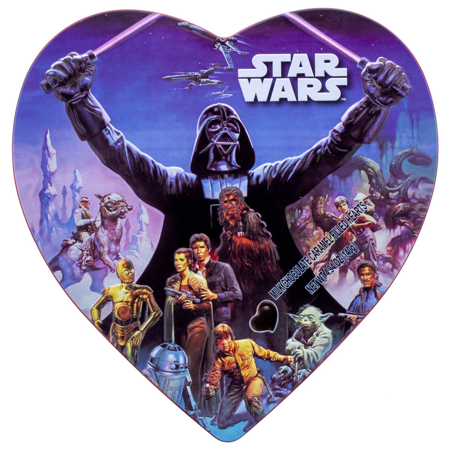 slide 1 of 3, Galerie Valentine's Day Star Wars Tin with Milk Chocolate Caramel Filled Hearts, 4.94 oz