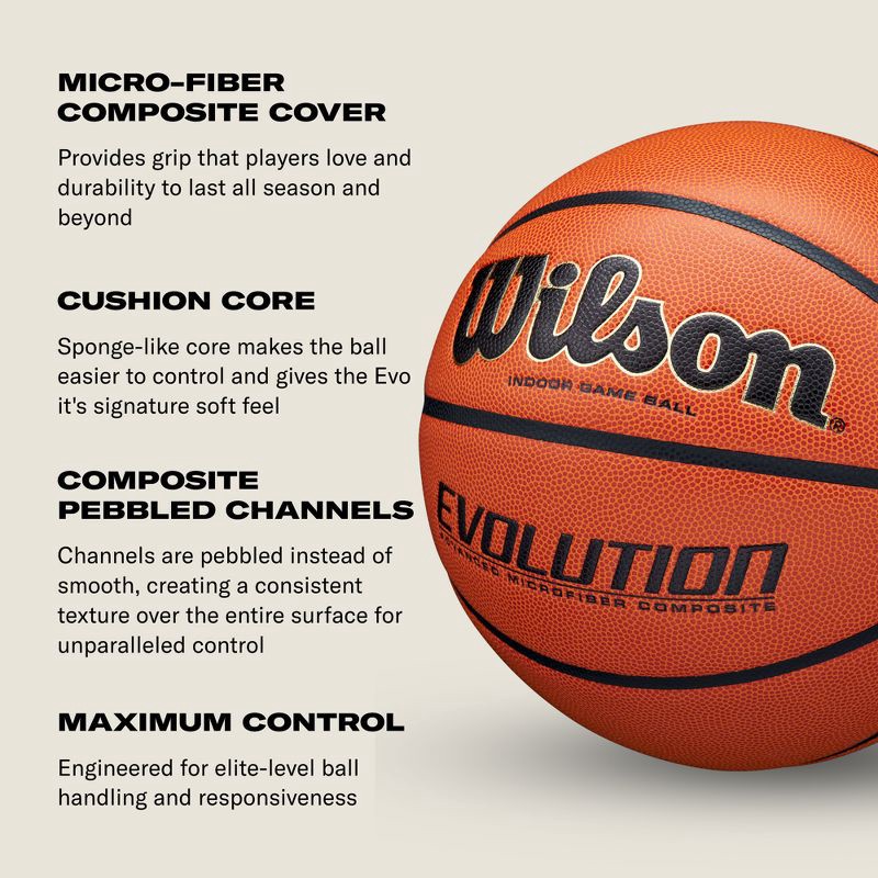 slide 6 of 7, Wilson 29.5" Evolution Basketball: Composite Leather, Indoor/Outdoor Use, 1 ct