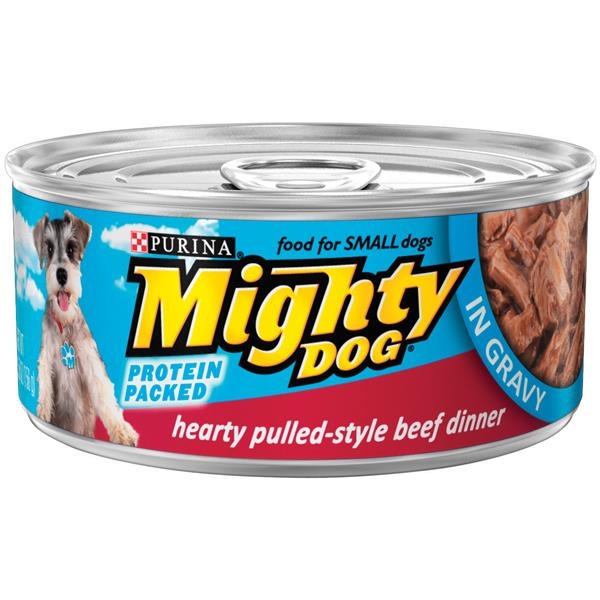 slide 1 of 1, Purina Mighty Dog Hearty Pulledstyle Beef Dinner In Gravy Dog Food Pulltop Can, 5.5 oz