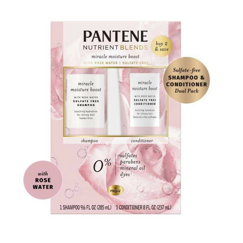 slide 10 of 10, Pantene Sulfate Free Rose Water Shampoo and Conditioner Dual Pack, Nutrient Blends - 17.6 fl oz, 17.6 fl oz