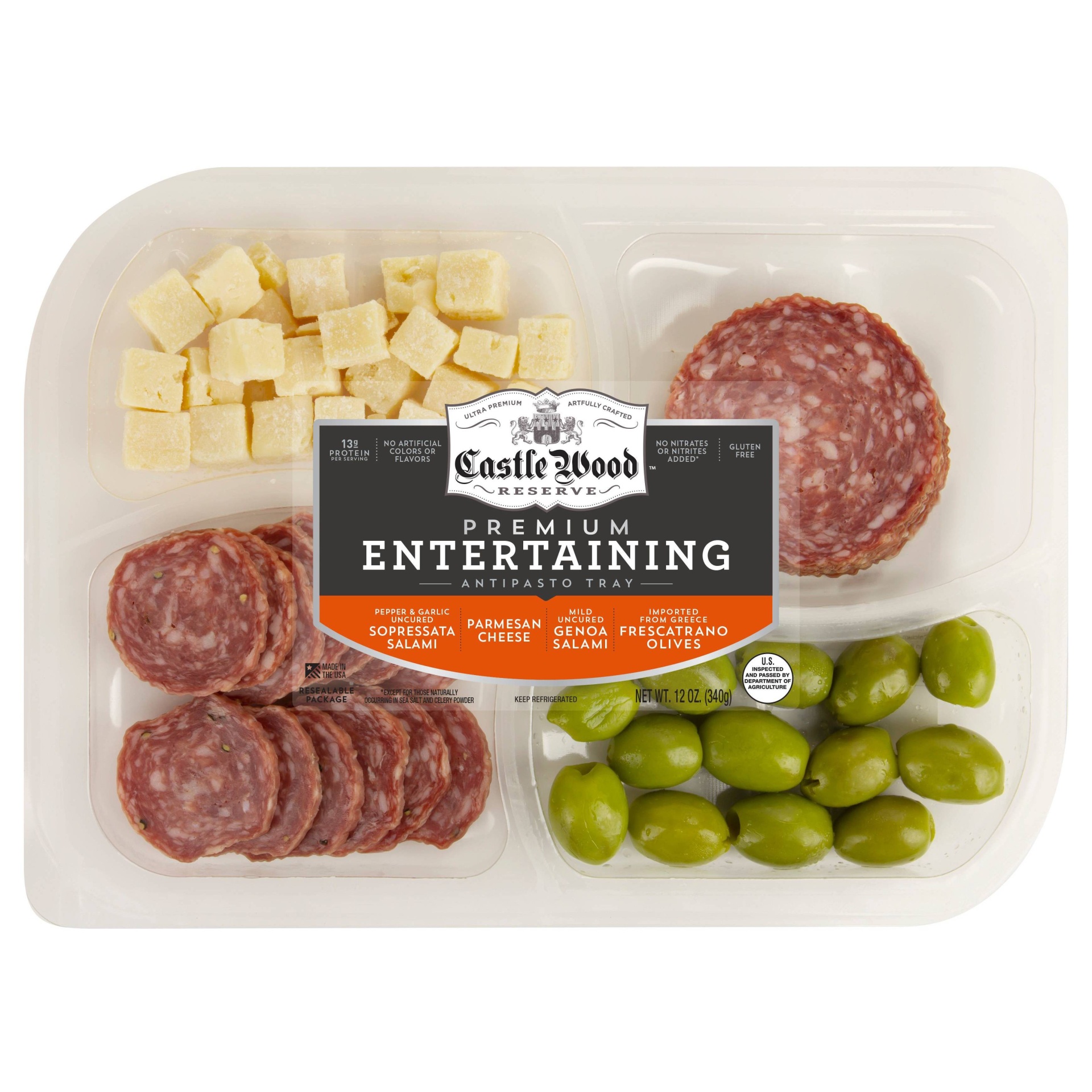 slide 1 of 2, Castle Wood Reserve Antipasto Tray with Frescatrano Olives, Parmesan Cheese & Salamis, 12 oz