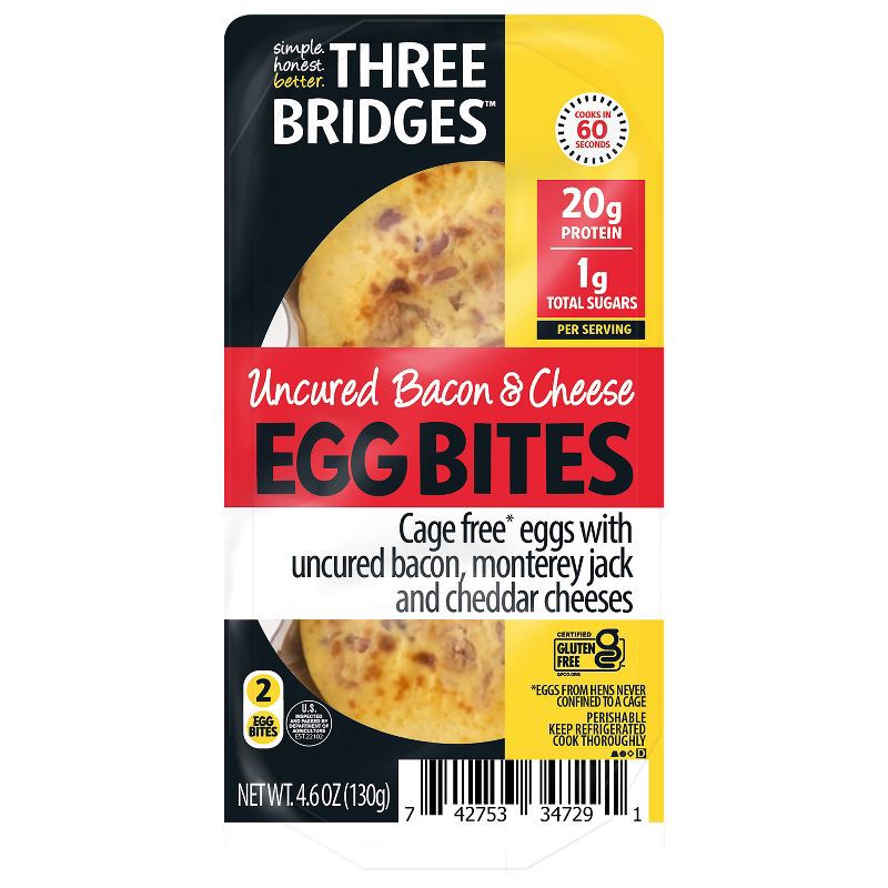 slide 1 of 3, Three Bridges Uncured Bacon & Cheese Egg Bites Gluten Free - 4.6oz/2ct, 2 ct; 4.6 oz