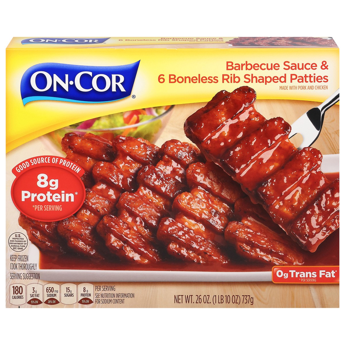 slide 1 of 14, On-Cor Barbecue Sauce & Boneless Rib Shaped Patties 6 ea, 6 ct