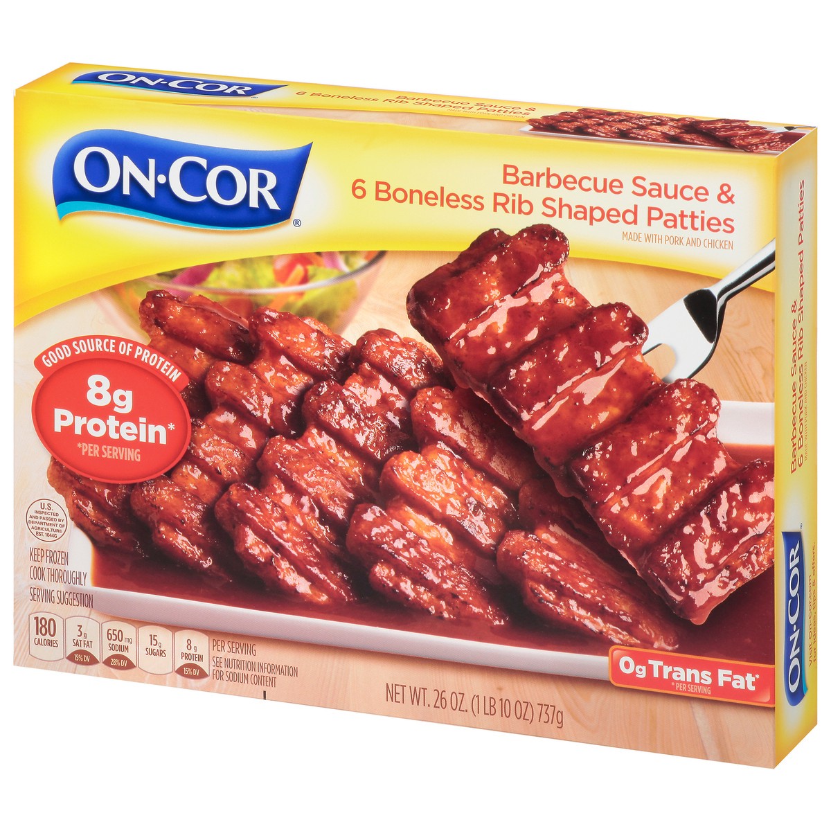 slide 8 of 14, On-Cor Barbecue Sauce & Boneless Rib Shaped Patties 26 oz, 26 oz