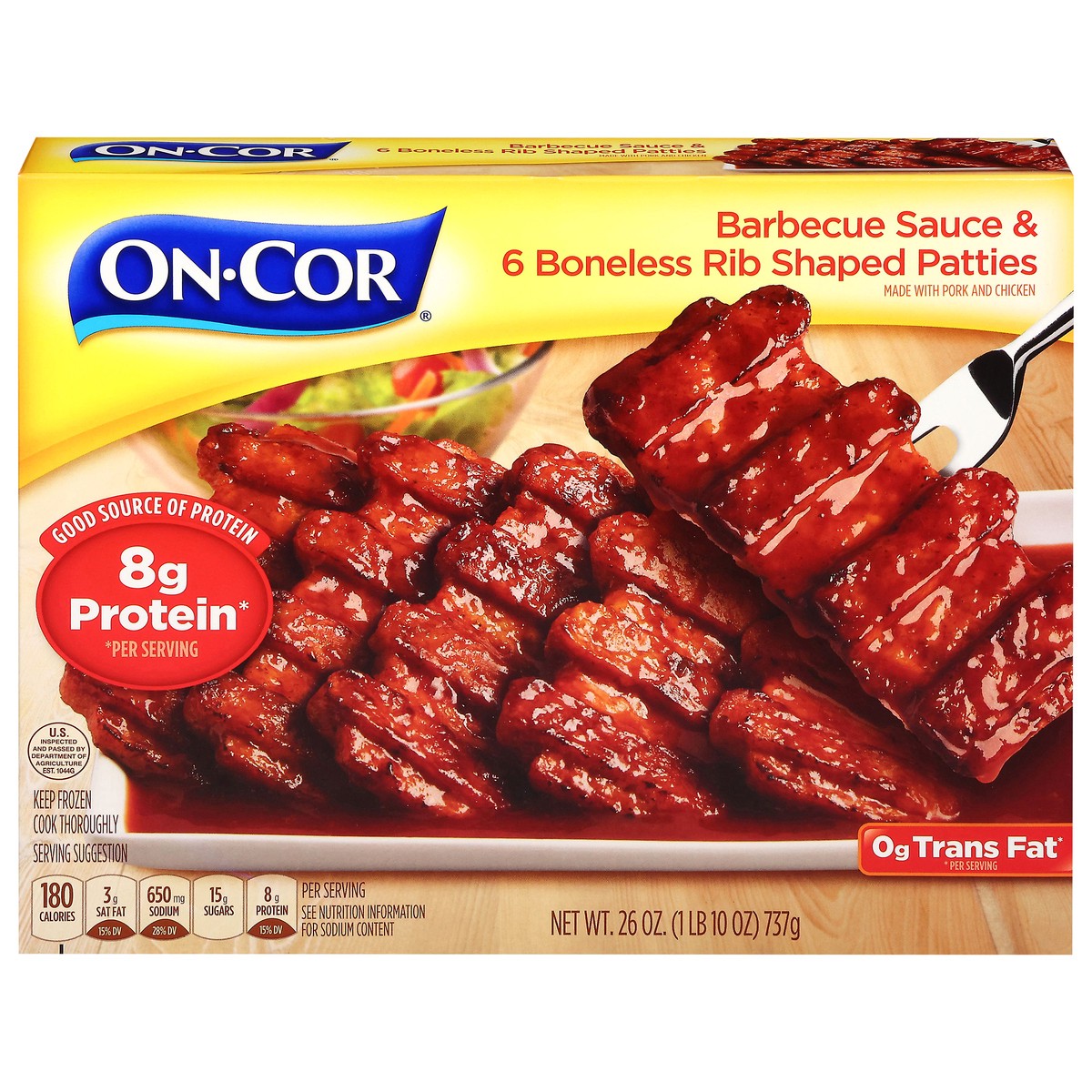 slide 1 of 14, On-Cor Barbecue Sauce & Boneless Rib Shaped Patties 6 Each, 6 ct