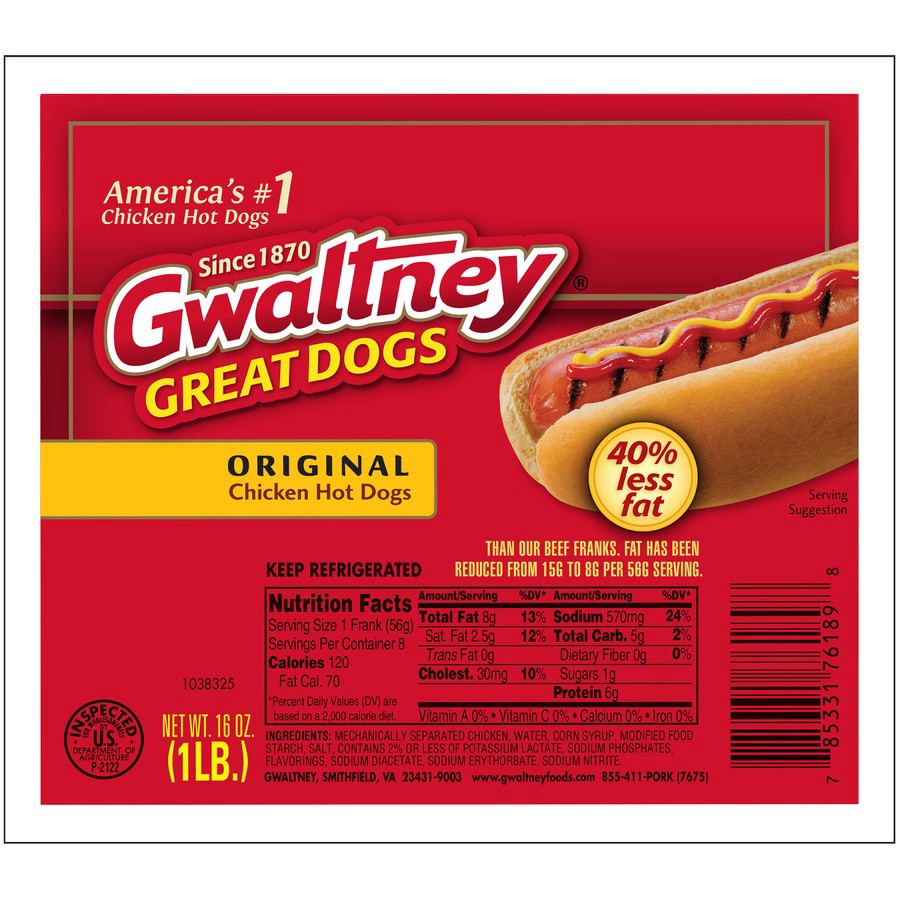 slide 1 of 1, Gwaltney Great Dogs Original Chicken Hot Dogs 8 Pack, 16 oz