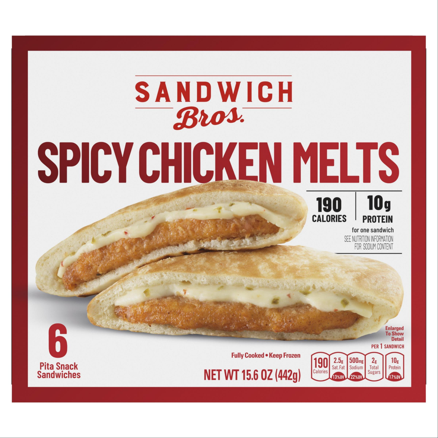 slide 4 of 5, Sandwich Bros. Sandwich Bros Spicy Chicken Melt, Frozen Pita Pocket Sandwiches, Frozen Meal, 6 Count, 15.6 oz, 6 ct