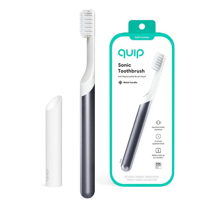 slide 1 of 12, quip Sonic Electric Toothbrush - Metal | Timer + Travel Case/Mount - Slate, 1 ct