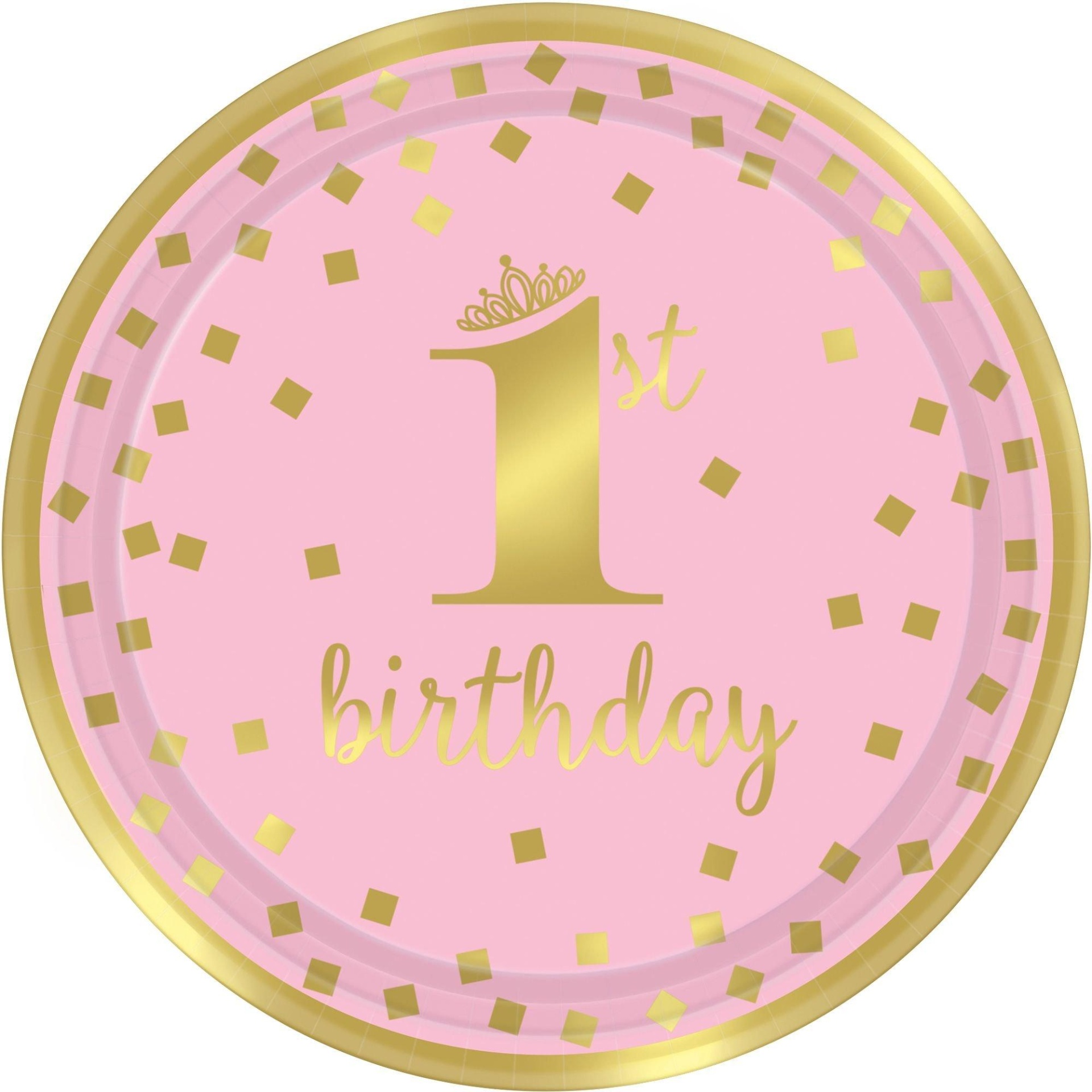 slide 1 of 1, Party City Metallic Pink & Gold Confetti 1st Birthday Lunch Plates, 8 ct