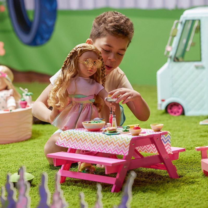 slide 3 of 6, Our Generation Picnic Table Set with Play Food Accessories for 18" Dolls - Pink, 1 ct