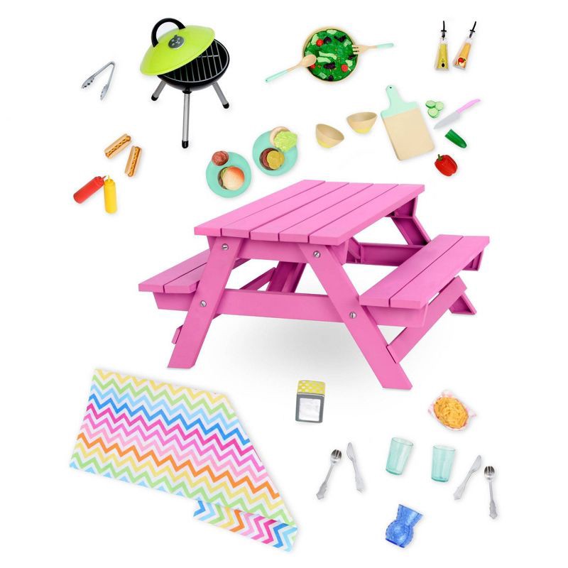 slide 5 of 5, Our Generation Picnic Table Set with Play Food Accessories for 18" Dolls - Pink, 1 ct