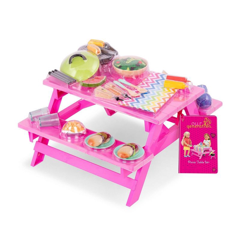 slide 1 of 5, Our Generation Picnic Table Set with Play Food Accessories for 18" Dolls - Pink, 1 ct