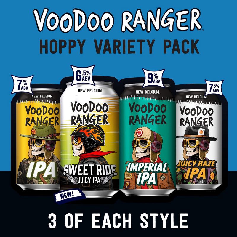 slide 3 of 6, New Belgium Voodoo Ranger Hoppy IPA Variety Pack Beer - 12pk/12 fl oz Cans, 12 ct; 12 fl oz