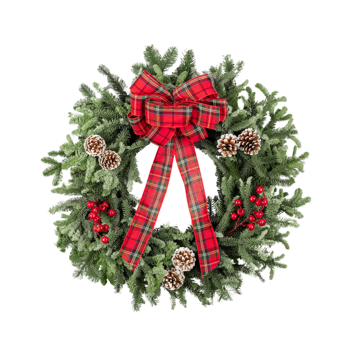 slide 1 of 1, Fresh Evergreen Decorated Wreath with Pinecones, Berry Clusters & Bow, 28", 1 ct