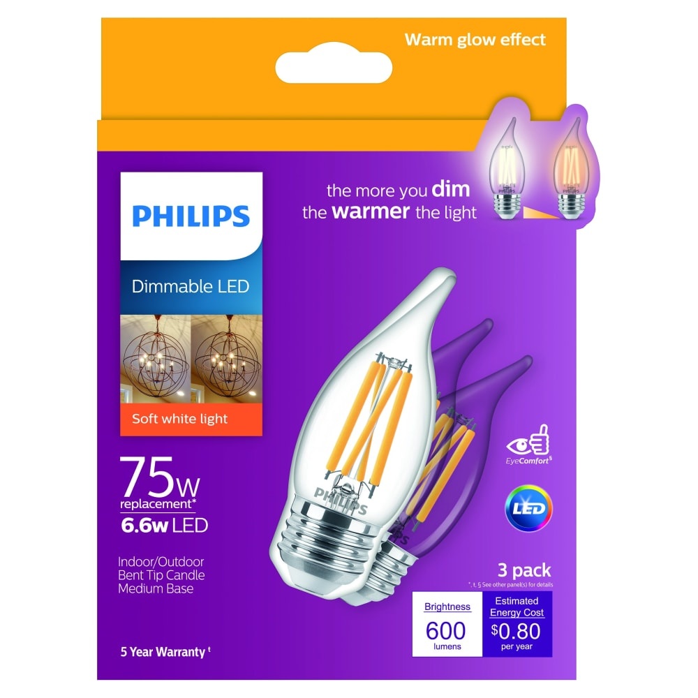 slide 1 of 1, Phillips 6.6-Watt (75-Watt) A11 Bent Tip Candle Led Lightbulbs, 3 ct