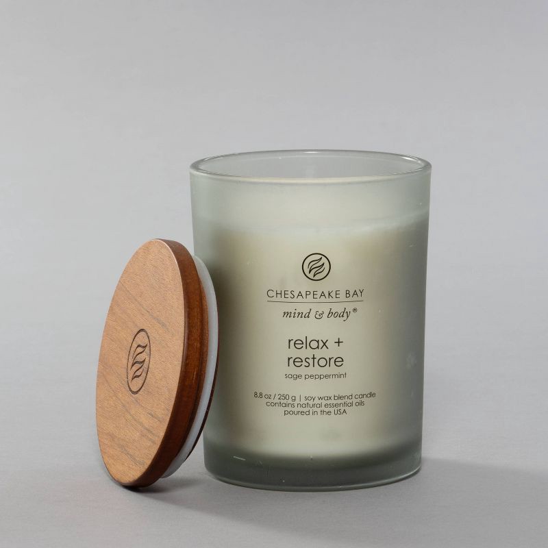 slide 2 of 5, Frosted Glass Relax + Restore Lidded Jar Candle Light Gray 8.8oz - Mind & Body by Chesapeake Bay Candle: Herbal Sage, Sweet Mandarin, 8.8 oz