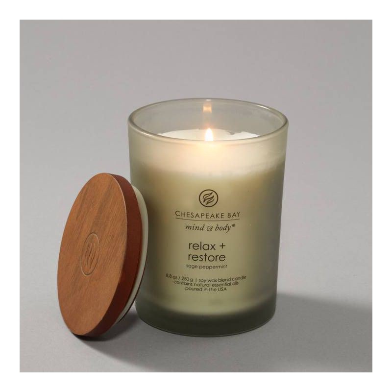 slide 5 of 5, Frosted Glass Relax + Restore Lidded Jar Candle Light Gray 8.8oz - Mind & Body by Chesapeake Bay Candle: Herbal Sage, Sweet Mandarin, 8.8 oz