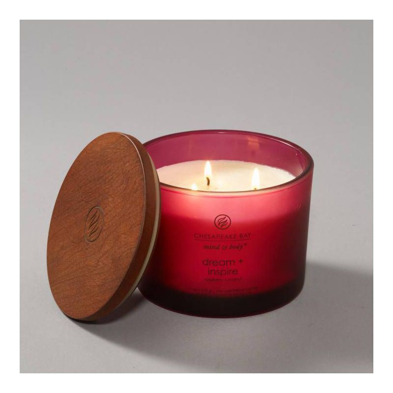 slide 5 of 7, 3-Wick Frosted Glass Dream + Inspire Lidded Jar Candle Burgundy 11oz - Mind & Body by Chesapeake Bay Candle: Essential Oils, Soy Wax Blend, 11 oz